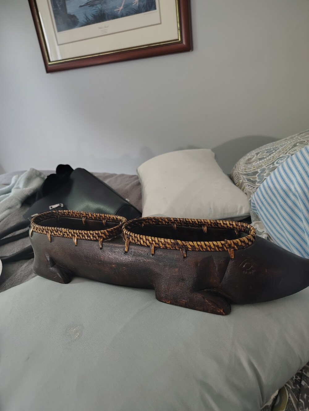 Wooden Pig Planter with Woven Rim - Rustic Brown - Picture 2 of 9
